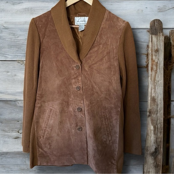 Suede with Ribbed Knit Chestnut Brown Button-Front Jacket - Picture 1 of 6